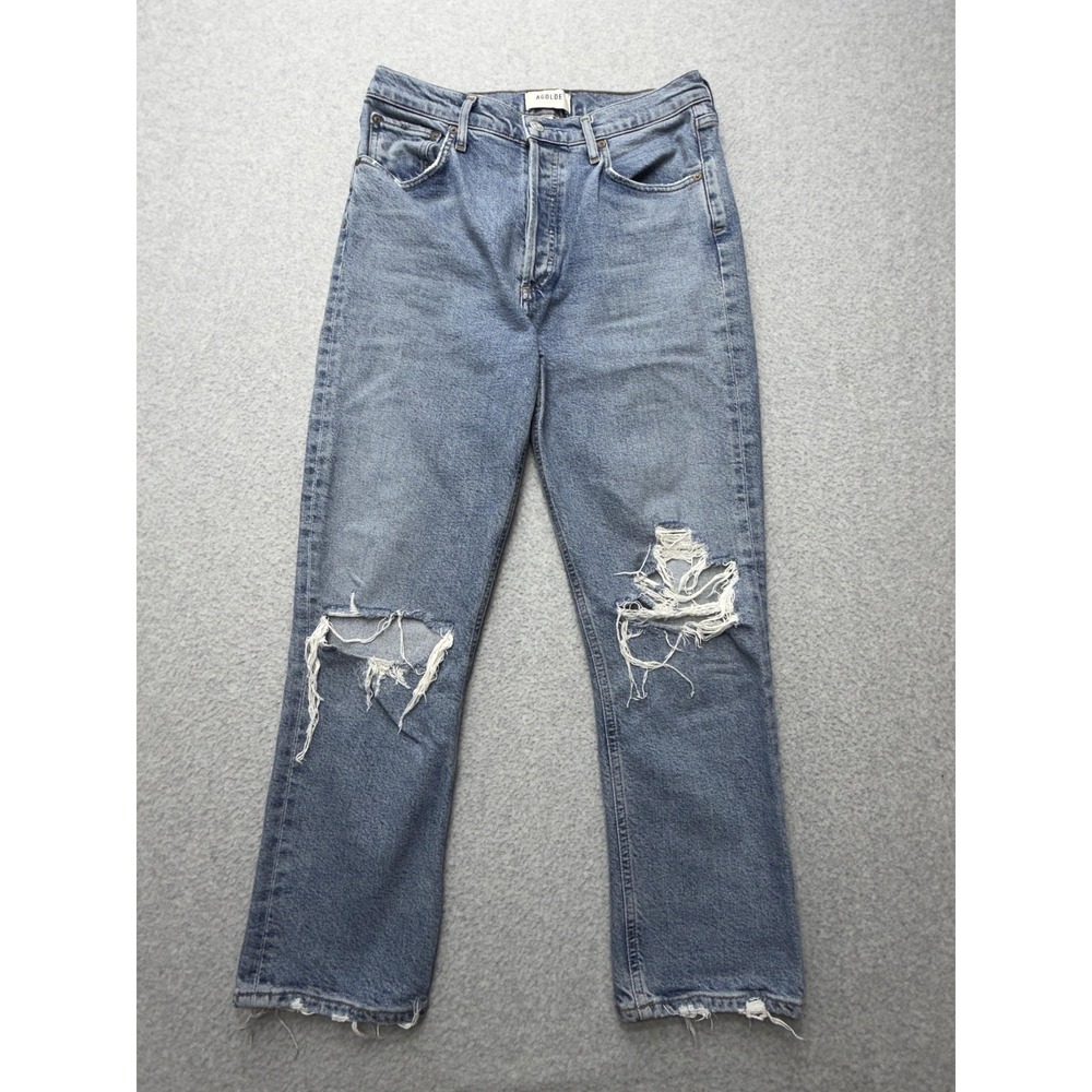 AGOLDE Riley High Rise Straight Crop Jeans Womens 28 Blue Distressed Button Fly